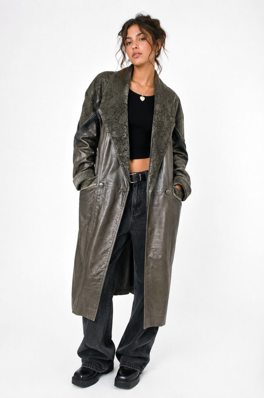 Vtg Leather Double Breasted Brocade Trim Drop Waist Oversized Midi Coat Women SP